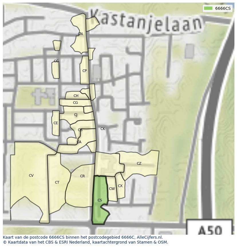 Afbeelding van het postcodegebied 6666 CS op de kaart.