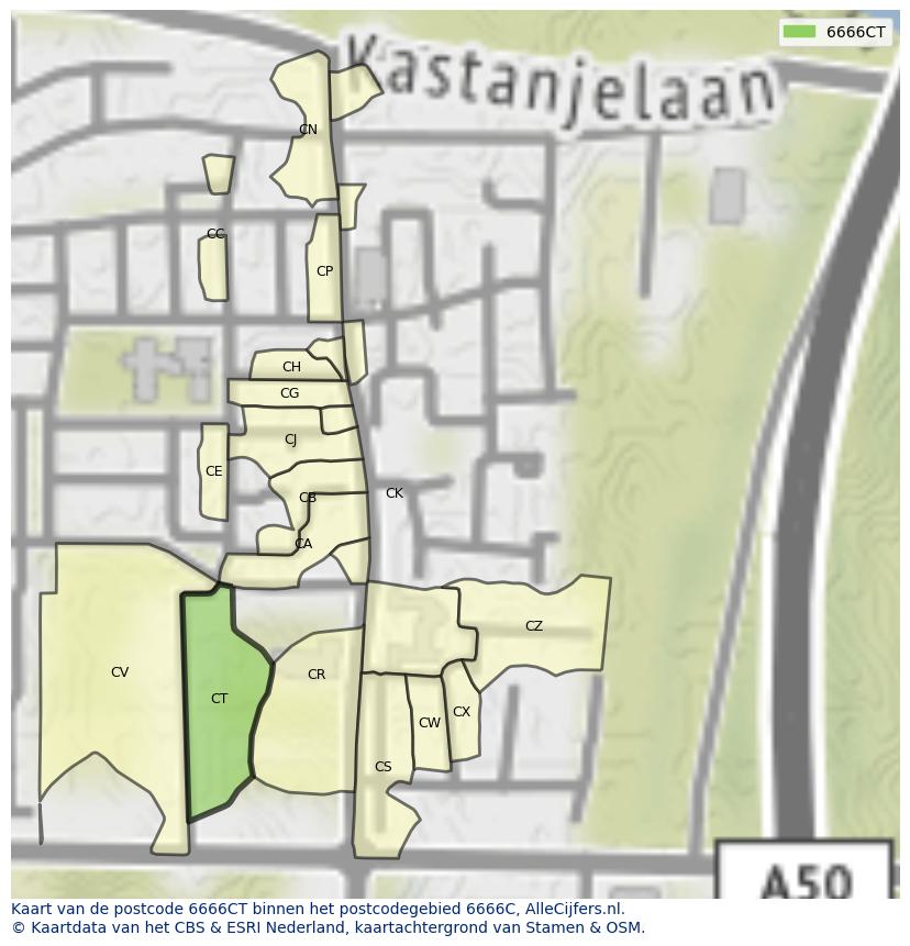 Afbeelding van het postcodegebied 6666 CT op de kaart.