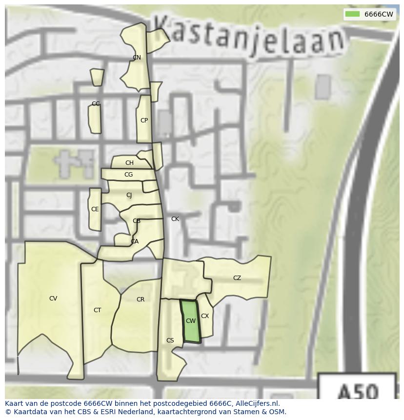 Afbeelding van het postcodegebied 6666 CW op de kaart.