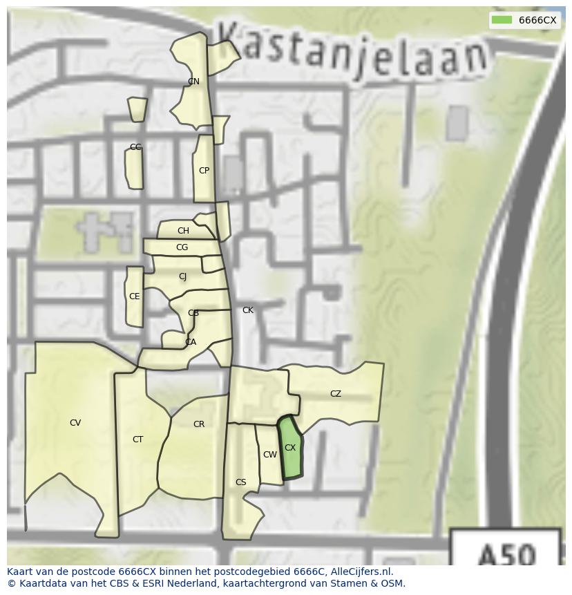 Afbeelding van het postcodegebied 6666 CX op de kaart.