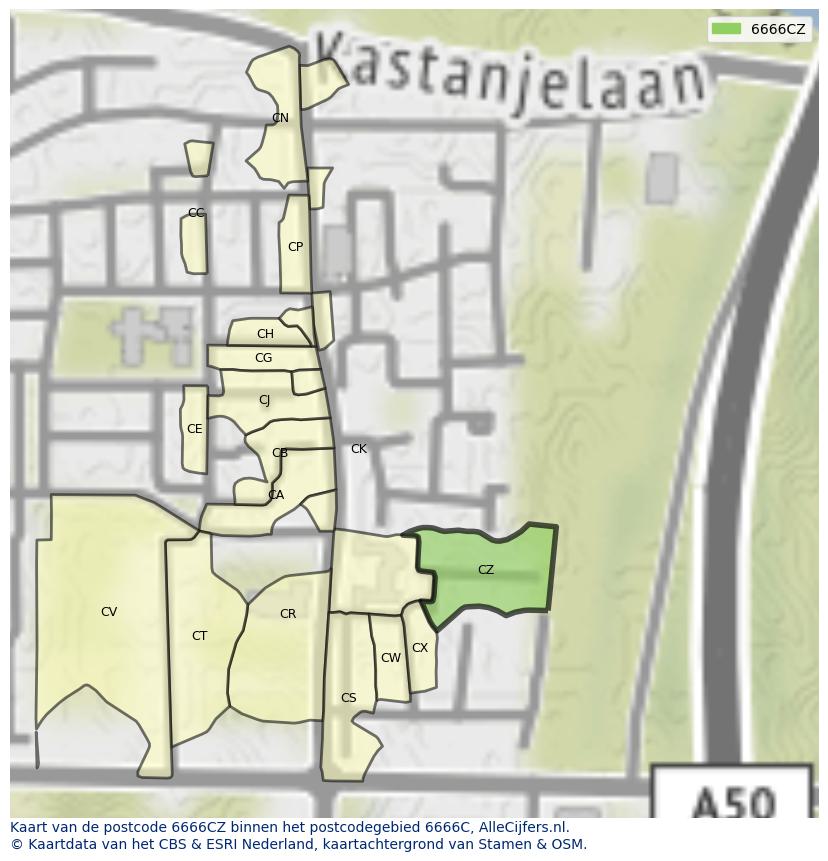 Afbeelding van het postcodegebied 6666 CZ op de kaart.