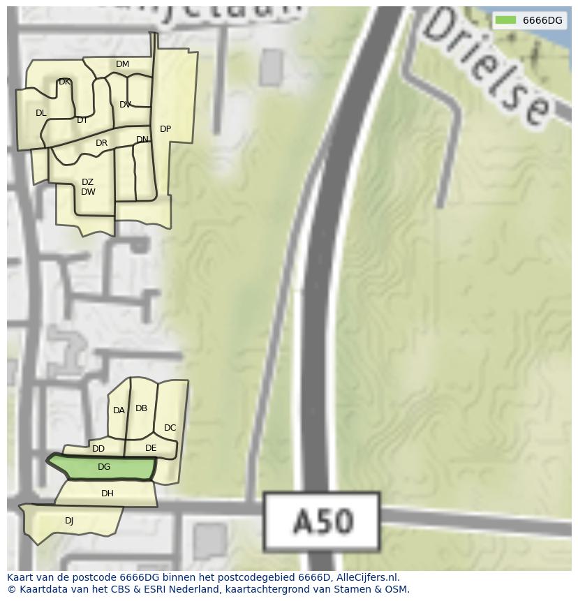 Afbeelding van het postcodegebied 6666 DG op de kaart.