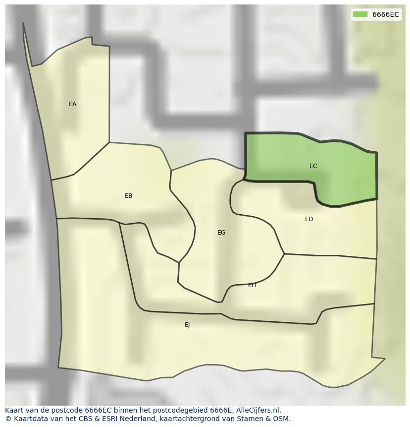 Afbeelding van het postcodegebied 6666 EC op de kaart.