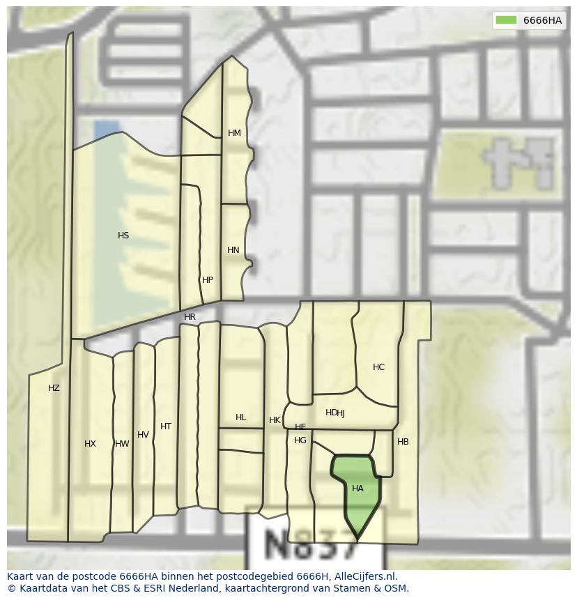 Afbeelding van het postcodegebied 6666 HA op de kaart.