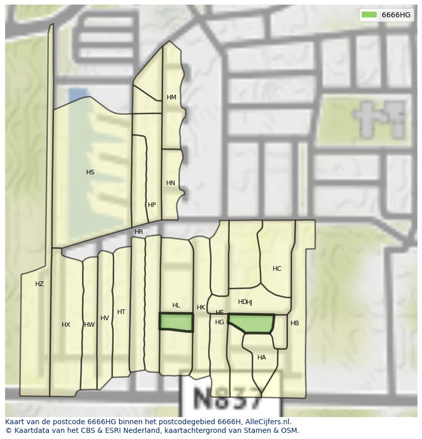 Afbeelding van het postcodegebied 6666 HG op de kaart.