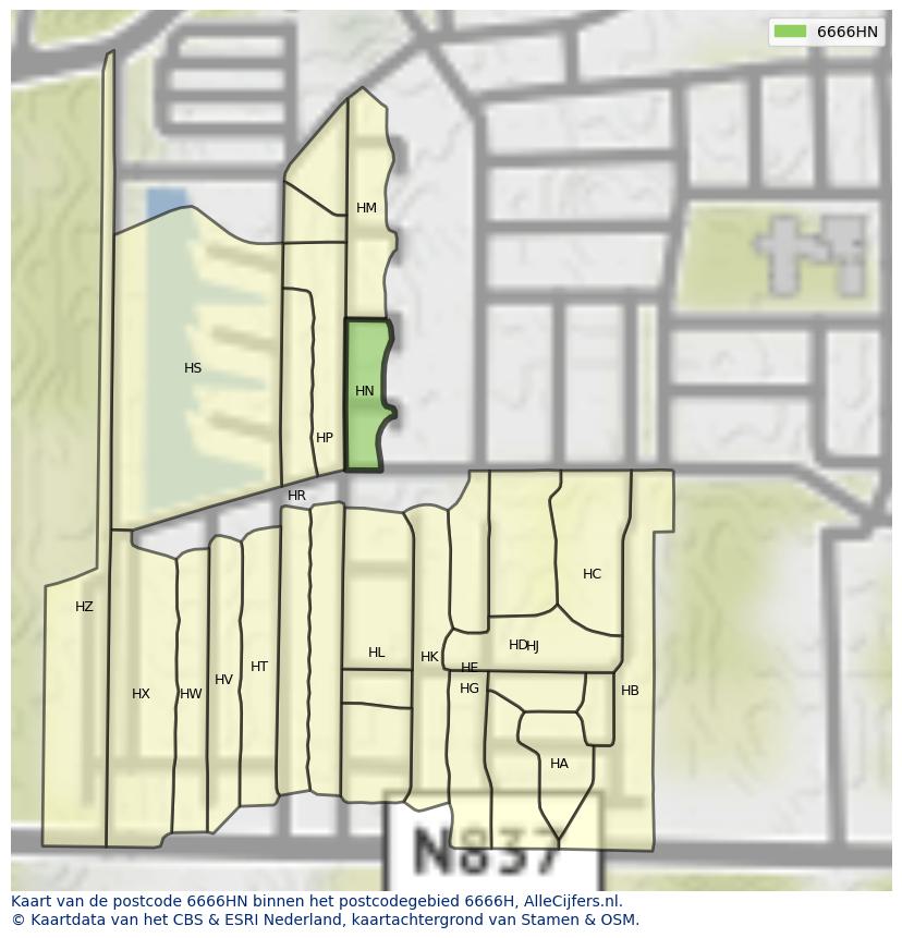 Afbeelding van het postcodegebied 6666 HN op de kaart.