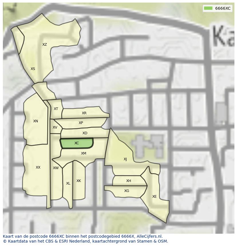 Afbeelding van het postcodegebied 6666 XC op de kaart.