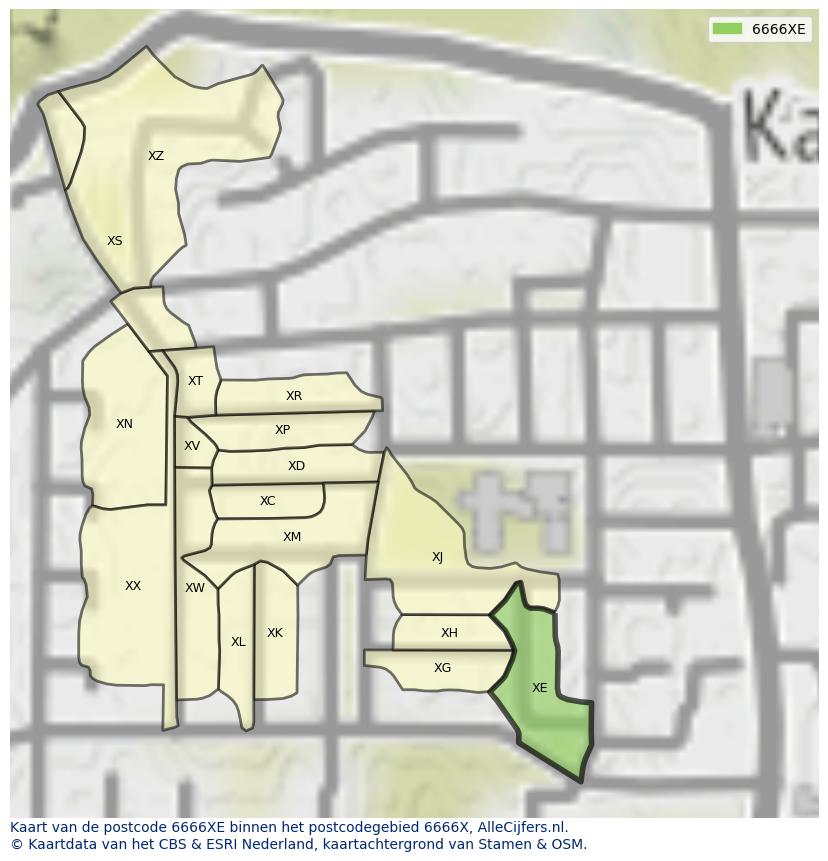 Afbeelding van het postcodegebied 6666 XE op de kaart.
