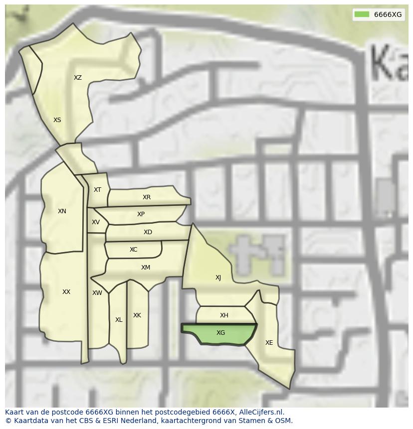 Afbeelding van het postcodegebied 6666 XG op de kaart.