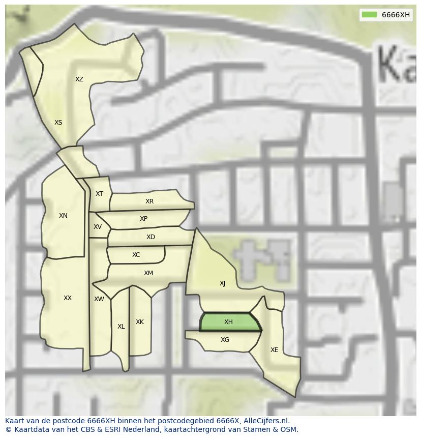 Afbeelding van het postcodegebied 6666 XH op de kaart.