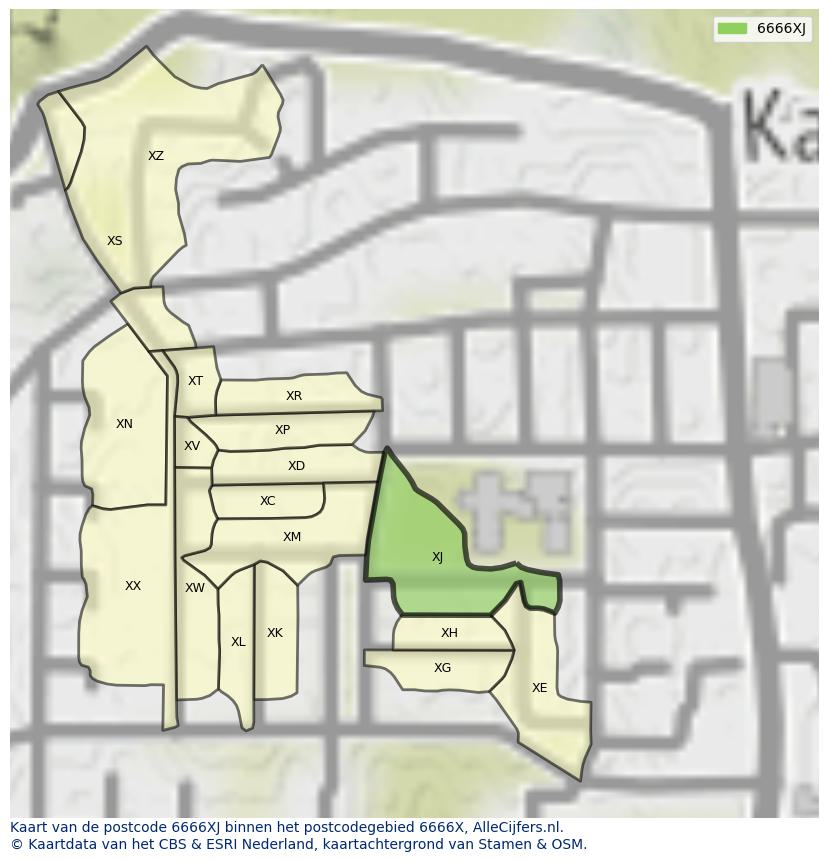 Afbeelding van het postcodegebied 6666 XJ op de kaart.