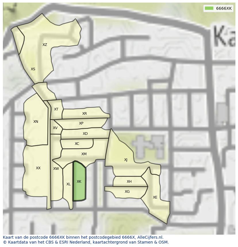 Afbeelding van het postcodegebied 6666 XK op de kaart.