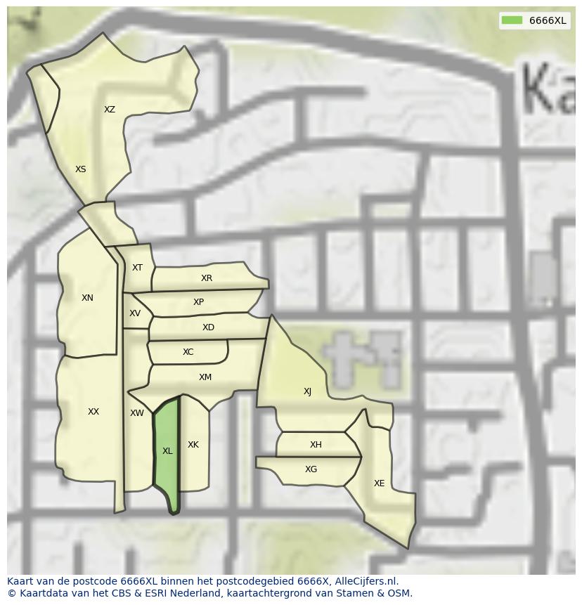 Afbeelding van het postcodegebied 6666 XL op de kaart.