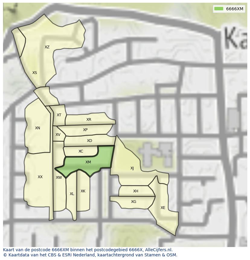 Afbeelding van het postcodegebied 6666 XM op de kaart.