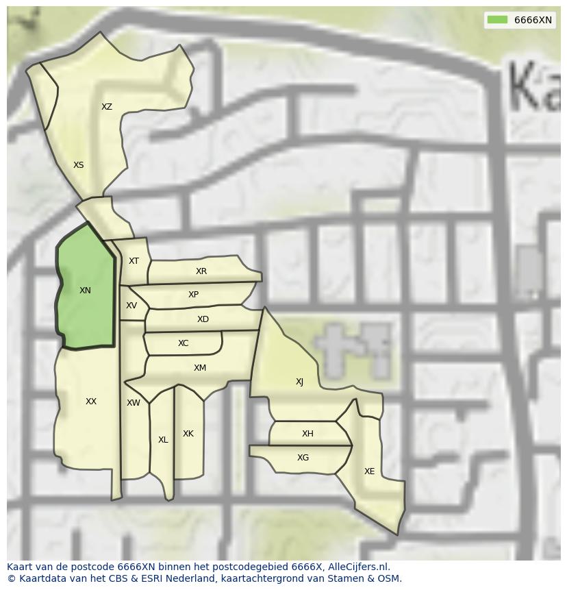 Afbeelding van het postcodegebied 6666 XN op de kaart.