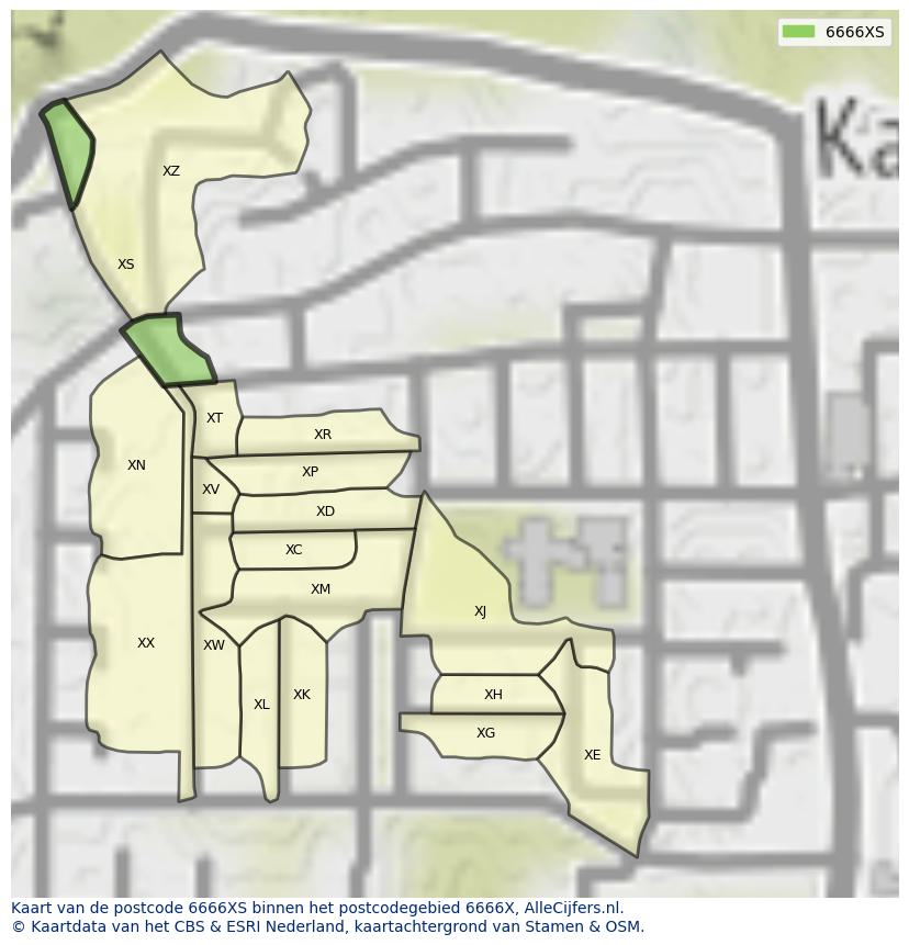 Afbeelding van het postcodegebied 6666 XS op de kaart.