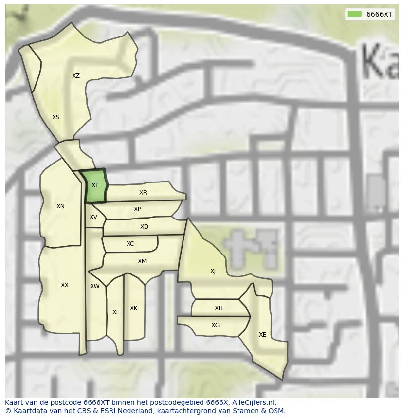 Afbeelding van het postcodegebied 6666 XT op de kaart.
