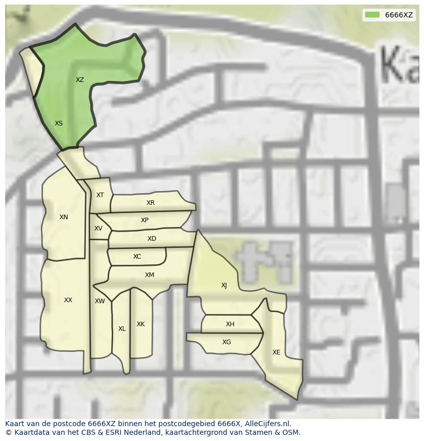 Afbeelding van het postcodegebied 6666 XZ op de kaart.