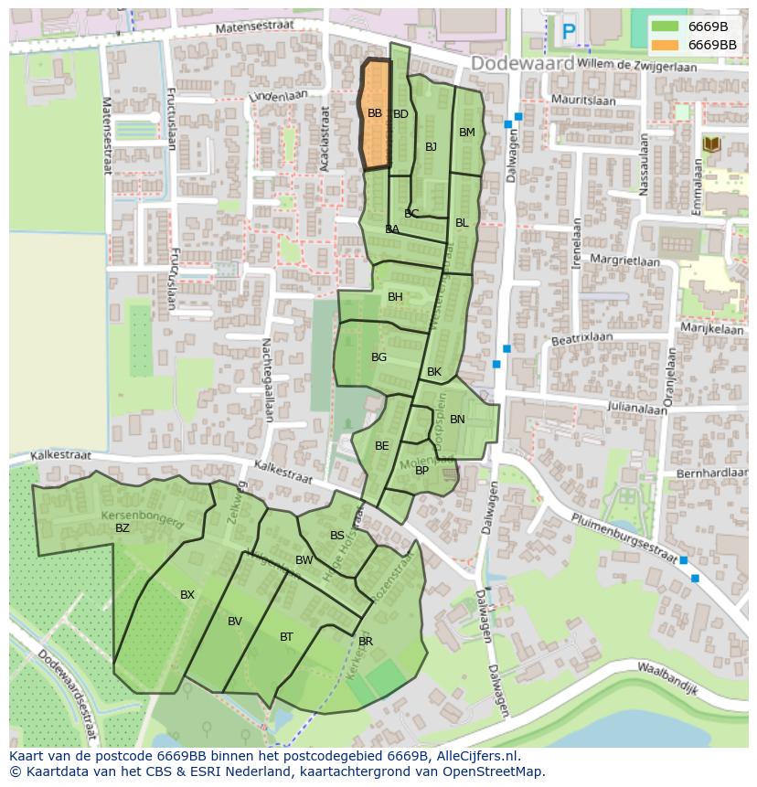 Afbeelding van het postcodegebied 6669 BB op de kaart.