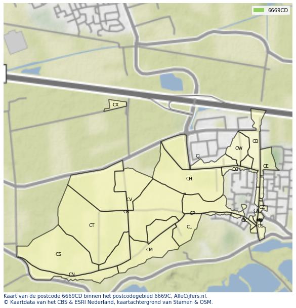 Afbeelding van het postcodegebied 6669 CD op de kaart.