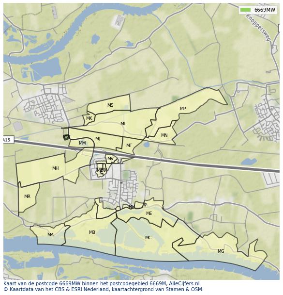 Afbeelding van het postcodegebied 6669 MW op de kaart.