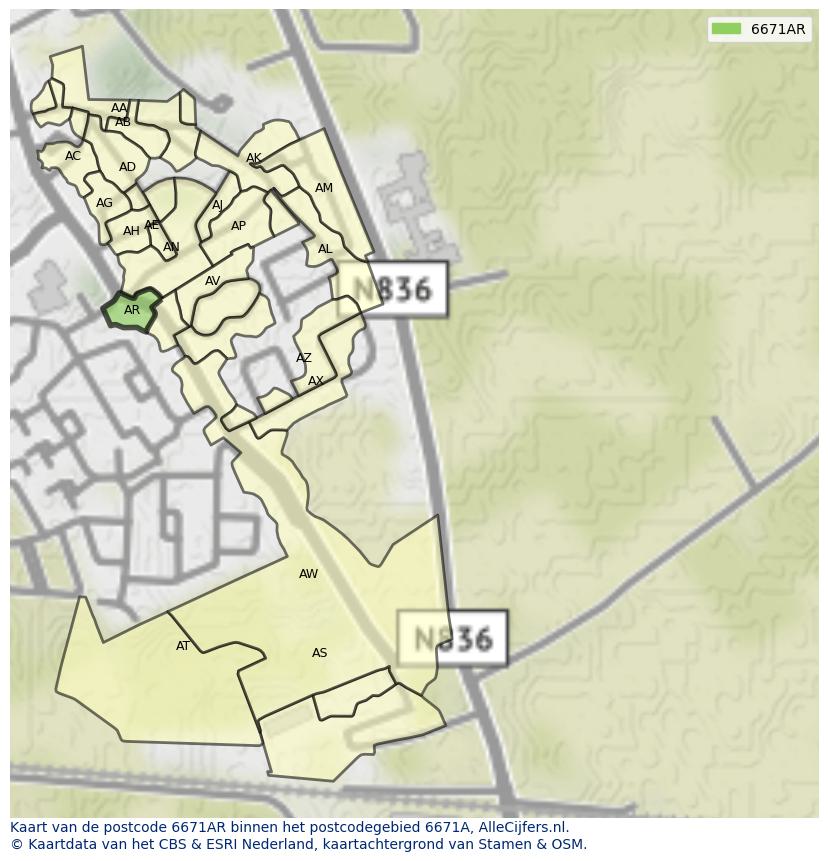 Afbeelding van het postcodegebied 6671 AR op de kaart.