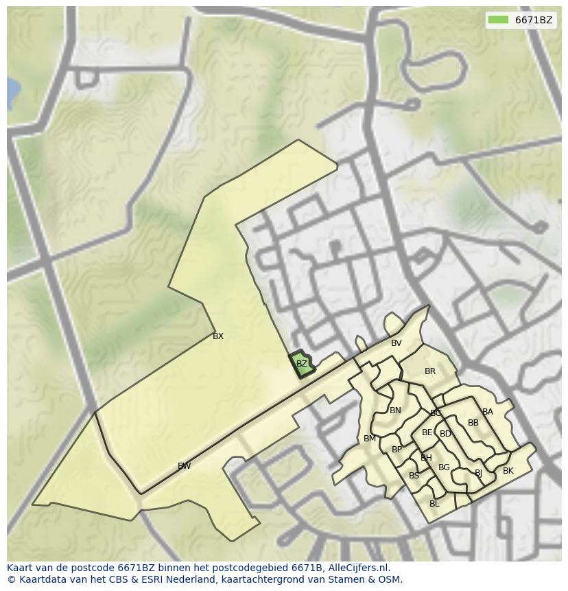 Afbeelding van het postcodegebied 6671 BZ op de kaart.