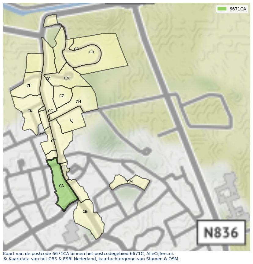 Afbeelding van het postcodegebied 6671 CA op de kaart.