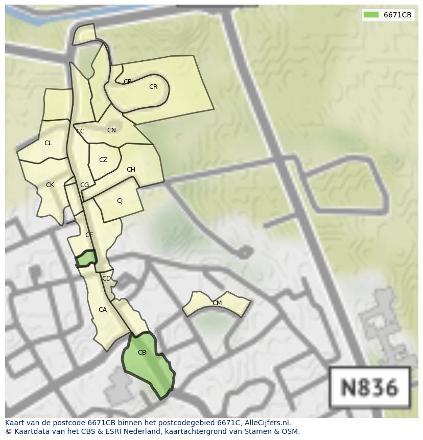 Afbeelding van het postcodegebied 6671 CB op de kaart.