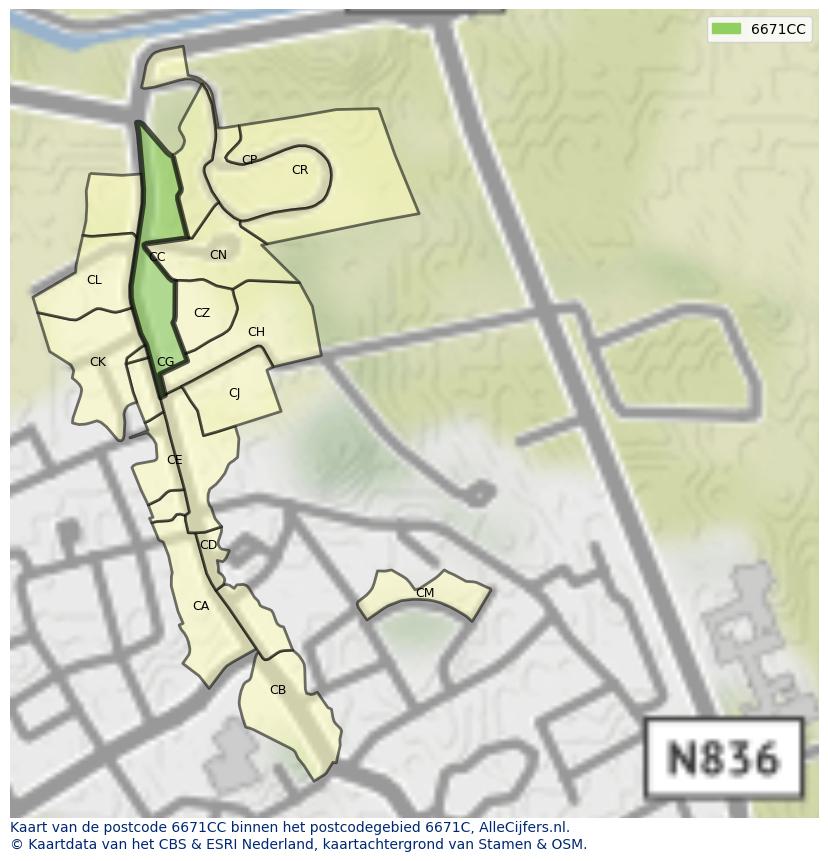 Afbeelding van het postcodegebied 6671 CC op de kaart.