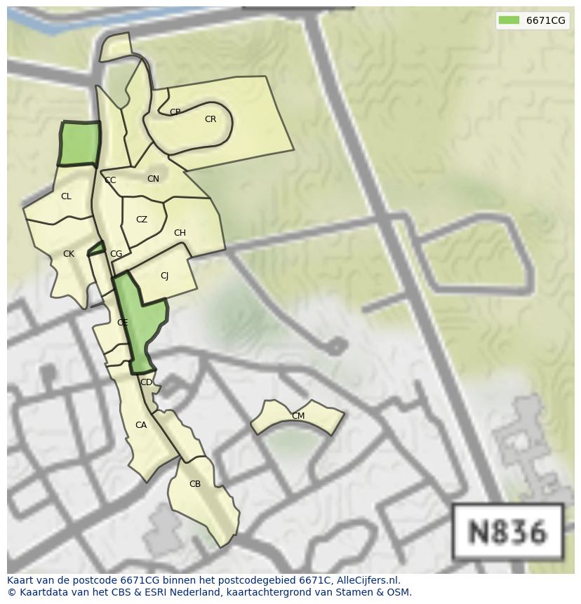 Afbeelding van het postcodegebied 6671 CG op de kaart.
