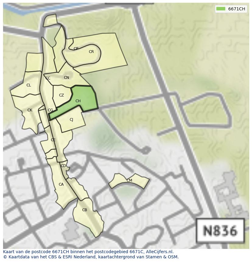 Afbeelding van het postcodegebied 6671 CH op de kaart.