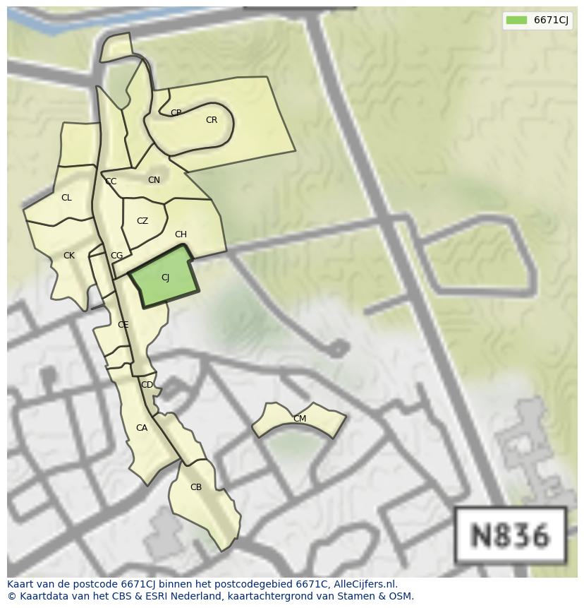 Afbeelding van het postcodegebied 6671 CJ op de kaart.