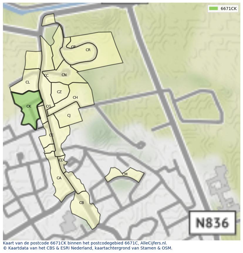 Afbeelding van het postcodegebied 6671 CK op de kaart.
