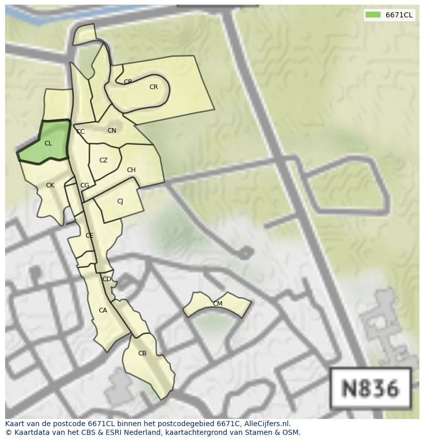 Afbeelding van het postcodegebied 6671 CL op de kaart.