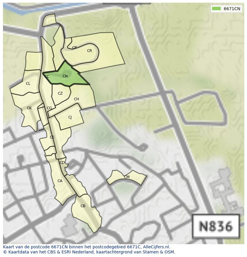 Afbeelding van het postcodegebied 6671 CN op de kaart.