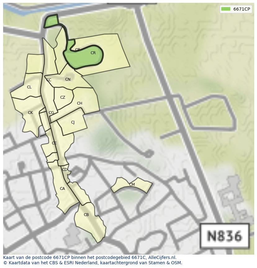 Afbeelding van het postcodegebied 6671 CP op de kaart.