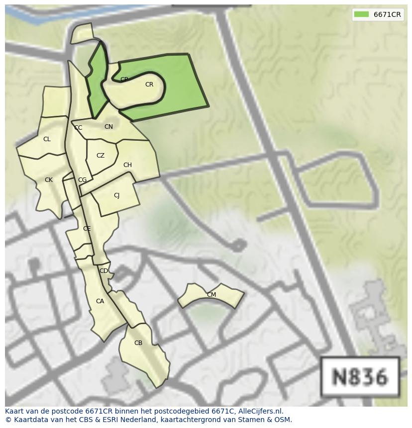 Afbeelding van het postcodegebied 6671 CR op de kaart.