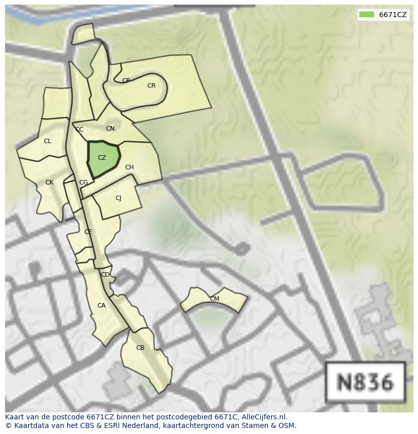 Afbeelding van het postcodegebied 6671 CZ op de kaart.