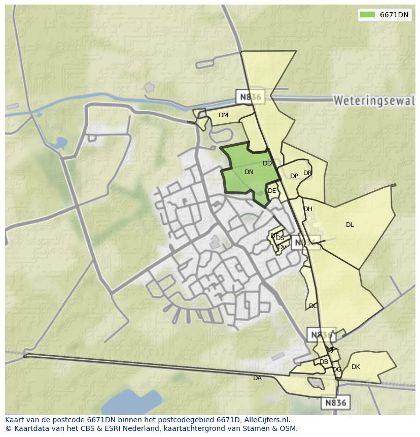 Afbeelding van het postcodegebied 6671 DN op de kaart.