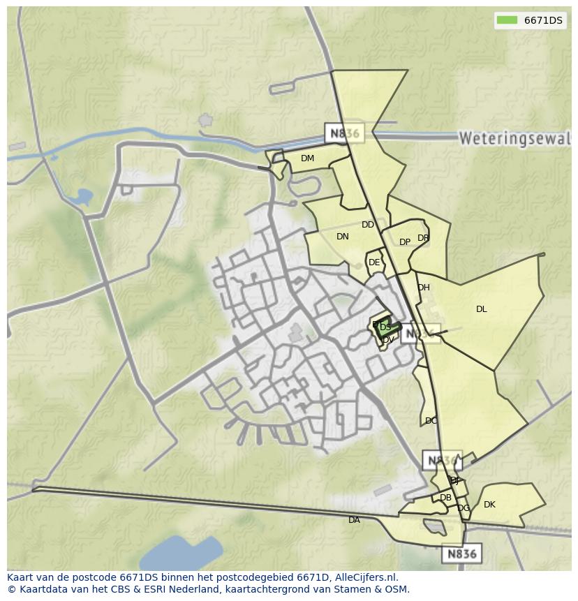 Afbeelding van het postcodegebied 6671 DS op de kaart.