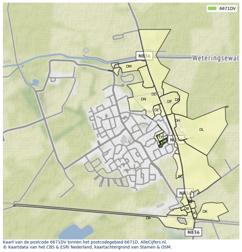Afbeelding van het postcodegebied 6671 DV op de kaart.