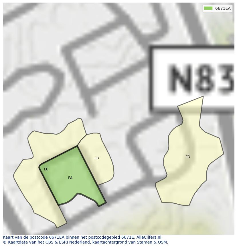 Afbeelding van het postcodegebied 6671 EA op de kaart.