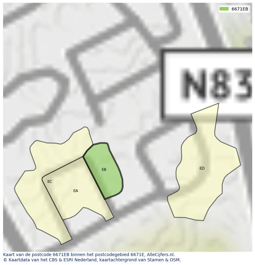 Afbeelding van het postcodegebied 6671 EB op de kaart.