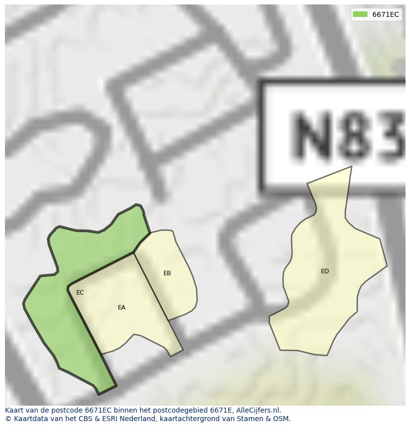 Afbeelding van het postcodegebied 6671 EC op de kaart.