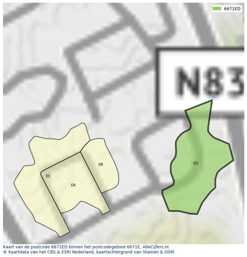 Afbeelding van het postcodegebied 6671 ED op de kaart.