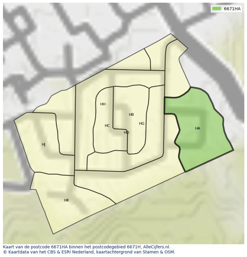 Afbeelding van het postcodegebied 6671 HA op de kaart.