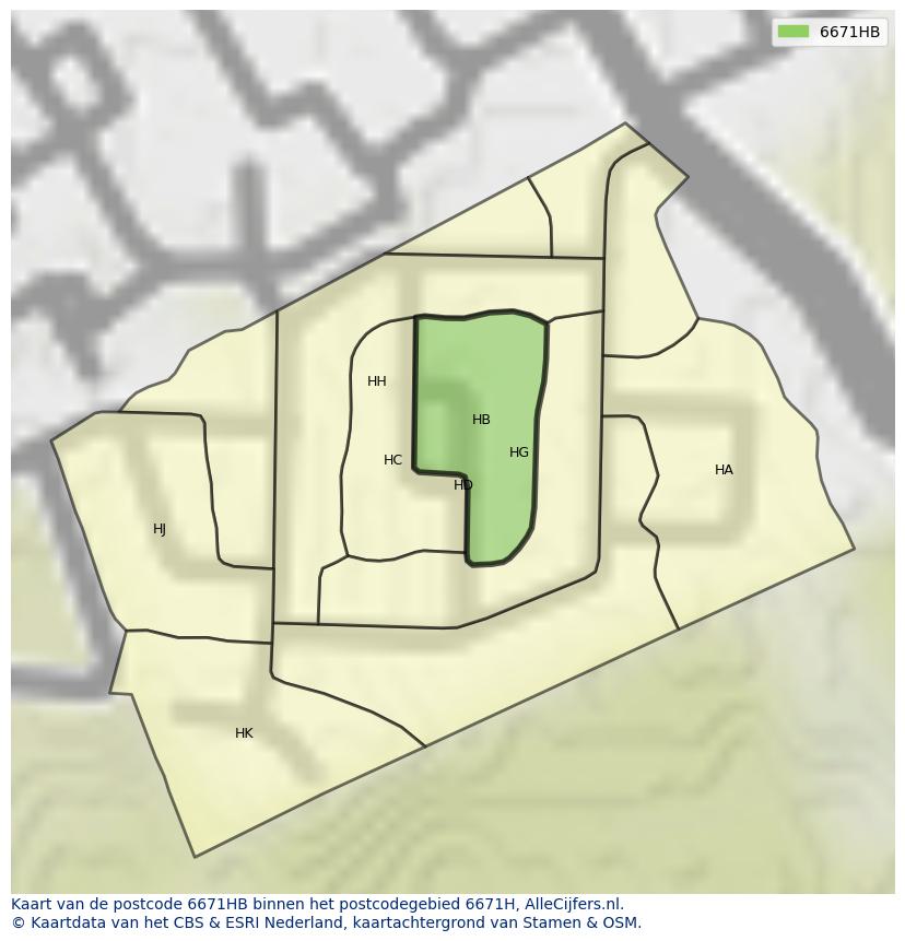 Afbeelding van het postcodegebied 6671 HB op de kaart.