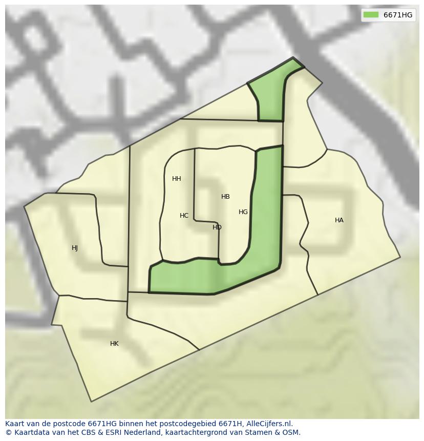 Afbeelding van het postcodegebied 6671 HG op de kaart.