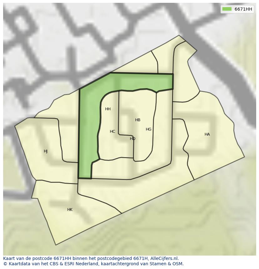 Afbeelding van het postcodegebied 6671 HH op de kaart.
